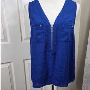 Guess Women's Size M Blue Sleeveless‎ Blouse Zipper Pockets V-Neck Casual Chic